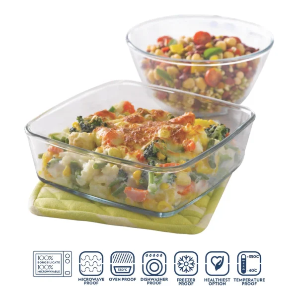 Borosil Serving Set: Bowl + Dish(1.3 L,1.6 L)
