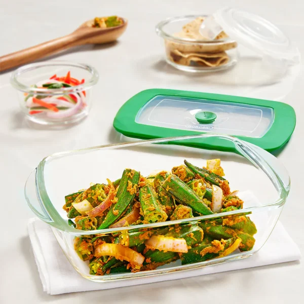 Borosil Rectangular Dish w Green Lid-1 L