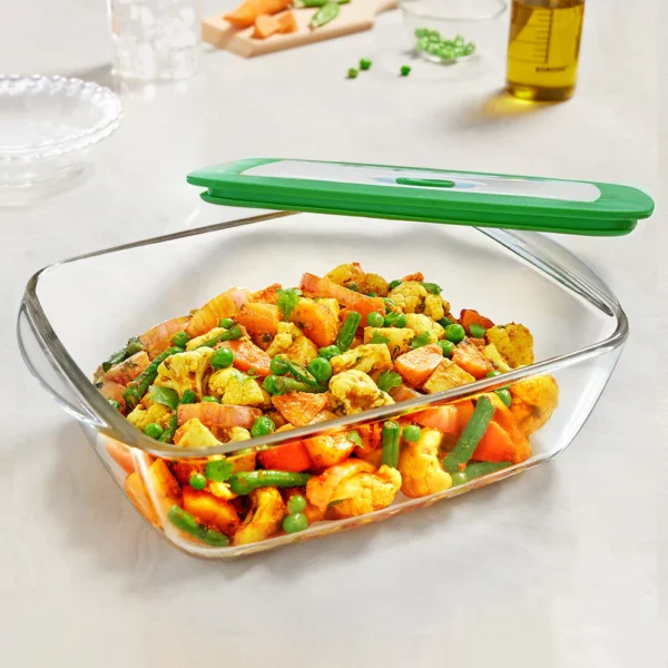 Borosil Rectangular Dish w Green Lid-2.6 L