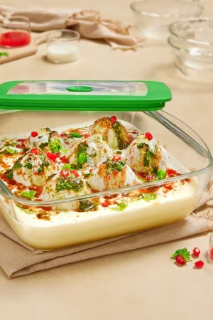 Borosil Square Dish w Green Lid-1 L