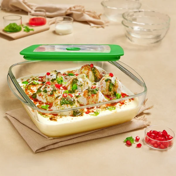 Borosil Square Dish w Green Lid-1 L
