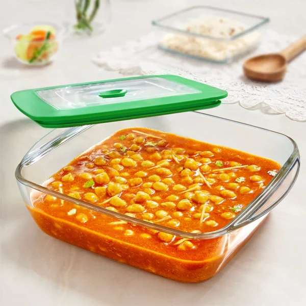 Borosil Square Dish w Green Lid-2.2 L