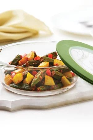 Borosil Round Dish w Green Lid-1 L