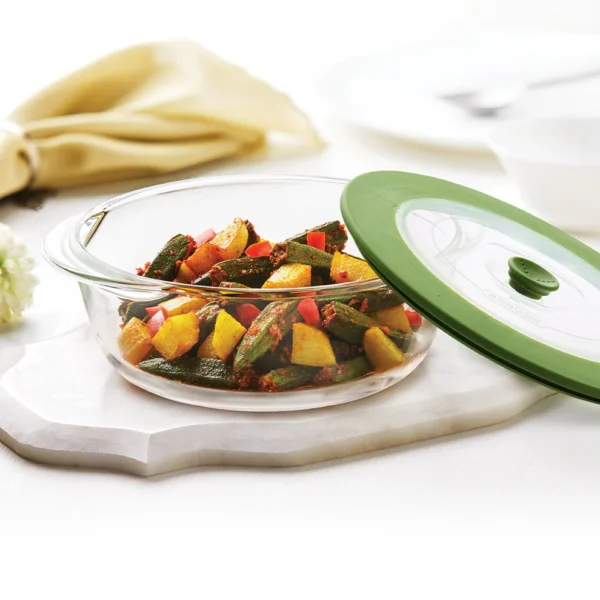 Borosil Round Dish w Green Lid-1 L