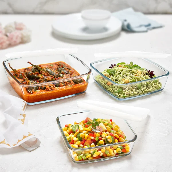 Borosil Square Dish w Lid Set(500 ml,800 ml,1.6 L)