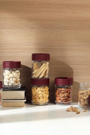 CELLO Modustack Glassy Storage Jar Set of 6 (300 ml x 6), Maroon