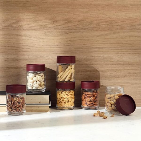 CELLO Modustack Glassy Storage Jar Set of 6 (300 ml x 6), Maroon
