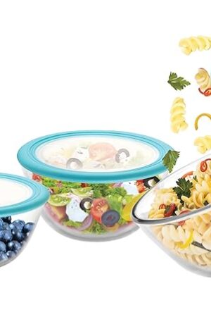 CELLO Ornella Toughened Glass Mixing Bowl with Premium Lid | (500ml, 1000ml, 1500ml), Set of 3