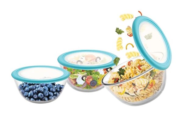 CELLO Ornella Toughened Glass Mixing Bowl with Premium Lid | (500ml, 1000ml, 1500ml), Set of 3